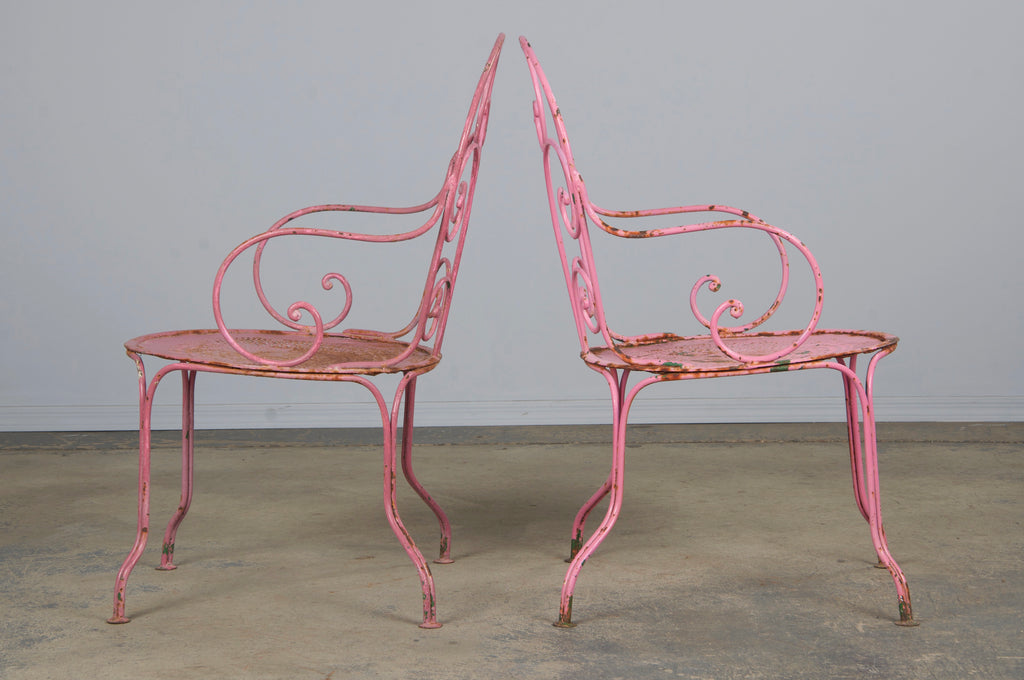 Antique French Art Nouveau Pink Wrought Iron Painted Garden Set