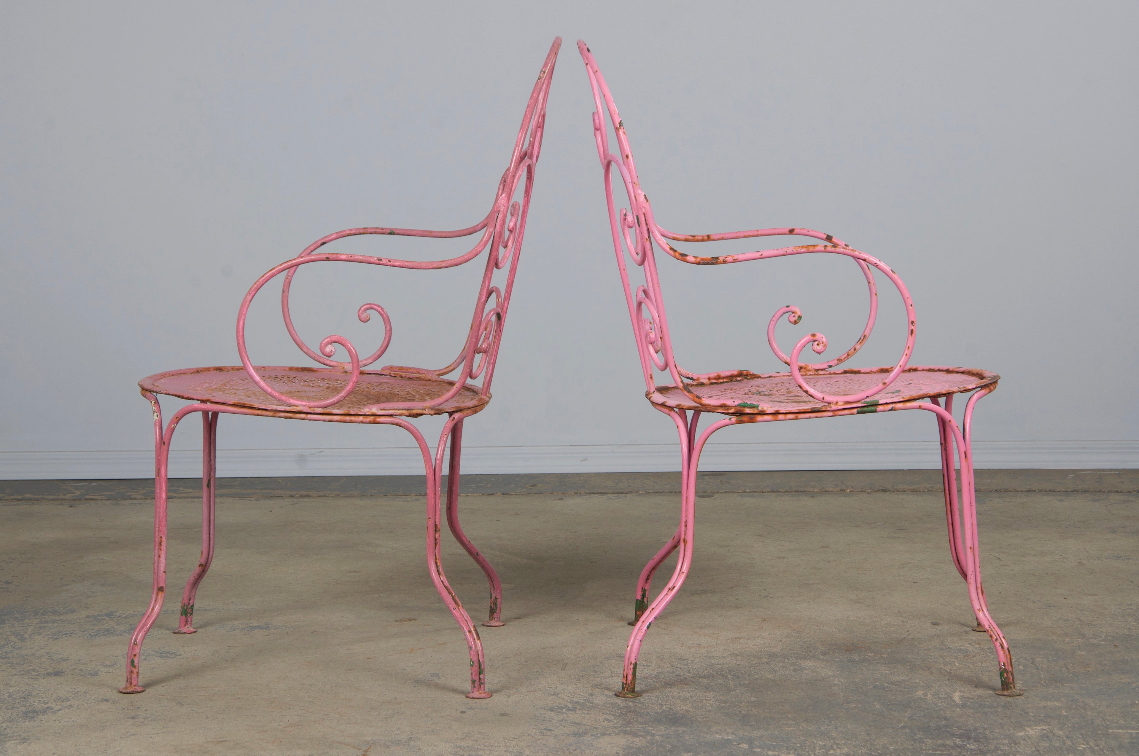 Antique French Art Nouveau Pink Wrought Iron Painted Garden Set