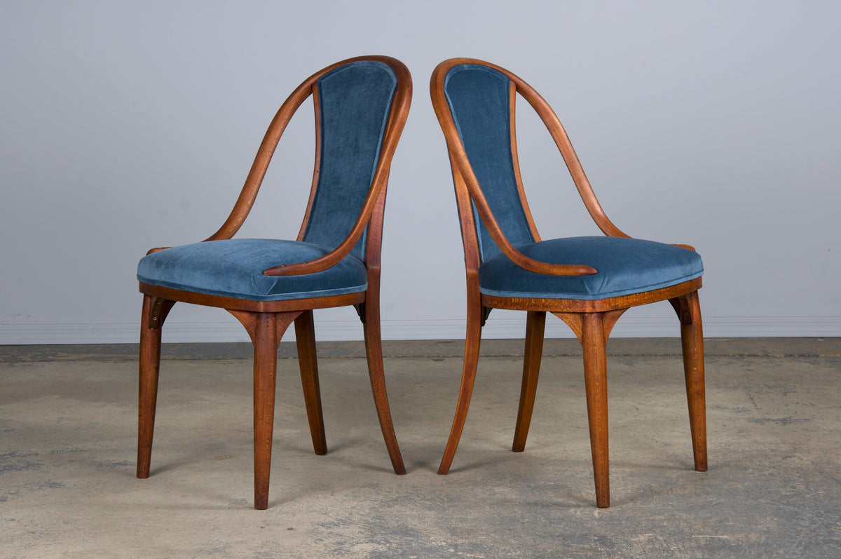 1920s Bentwood Gondola Dining Chairs W/ Blue Velvet by Thonet - Set of 6- Labeled