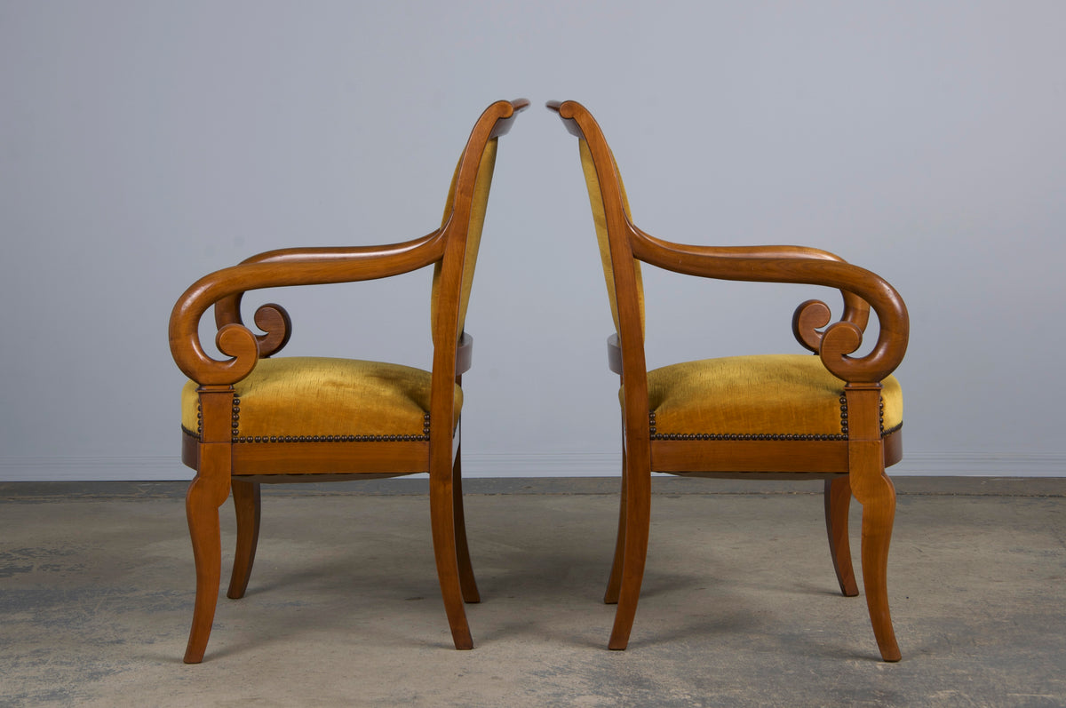 Antique French Louis Philippe Style Walnut Armchairs W/ Golden Yellow Velvet - A Pair