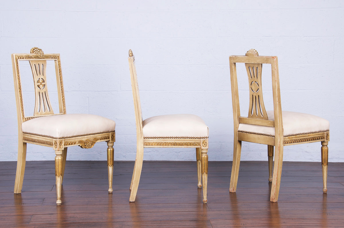 Antique Swedish Gustavian Style Lindome Painted Dining Chairs/ W Beige Leather - Set of 6