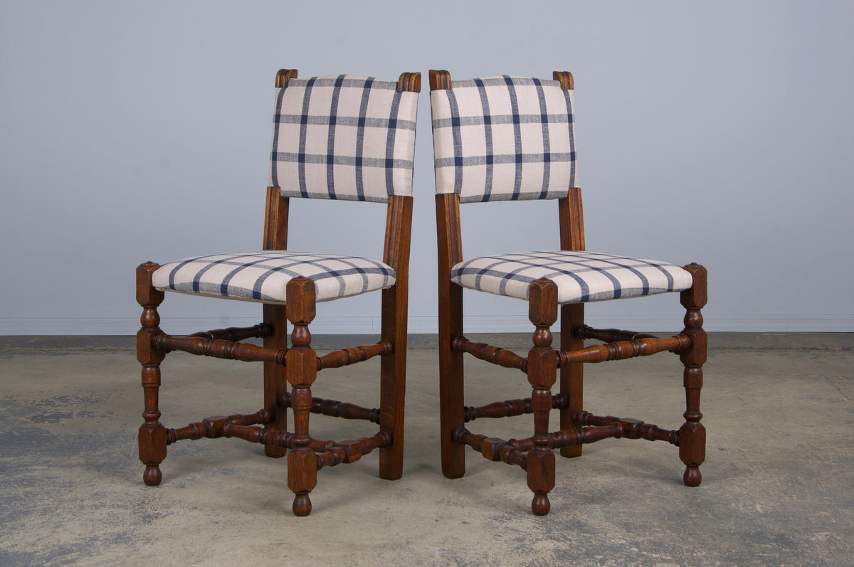 Antique French Louis XIII Style Oak Dining Chairs W/ Plaid Fabric - Set of 6