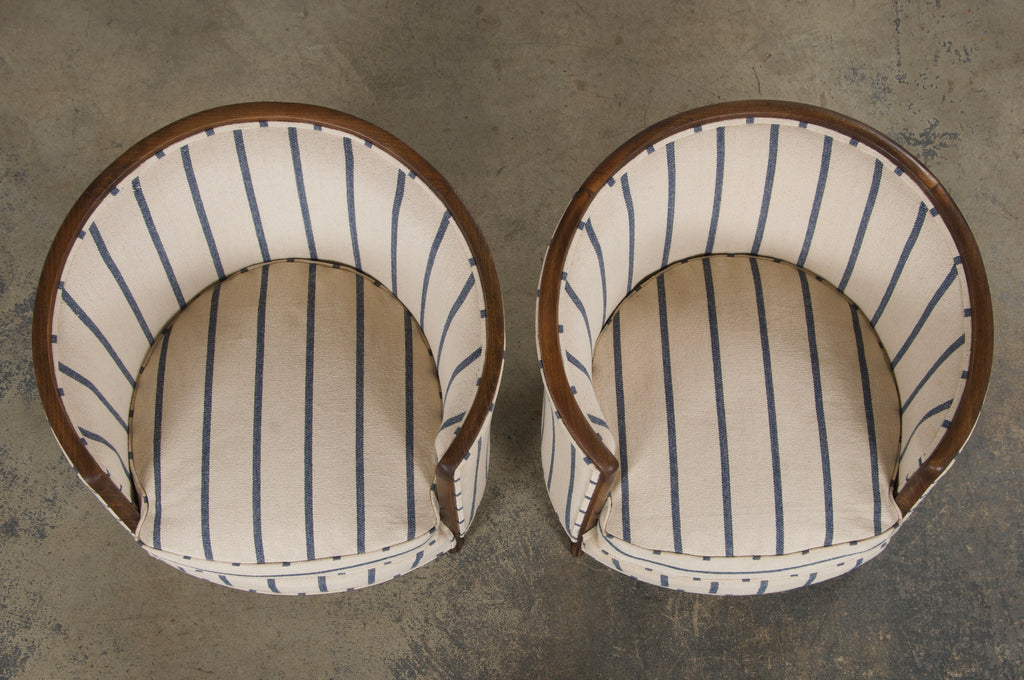 1930s French Art Deco Maple Tub Chairs in Striped Fabric - A Pair