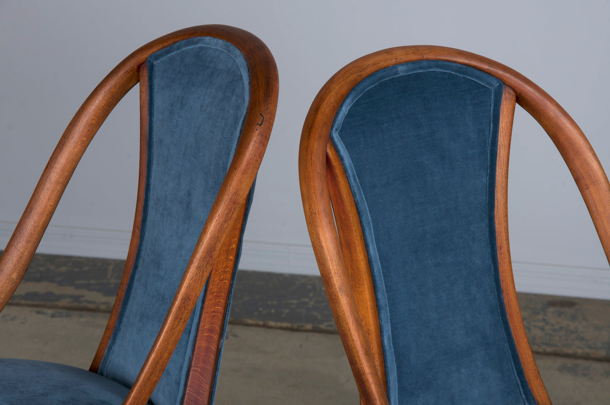 1920s Bentwood Gondola Dining Chairs W/ Blue Velvet by Thonet - Set of 6- Labeled