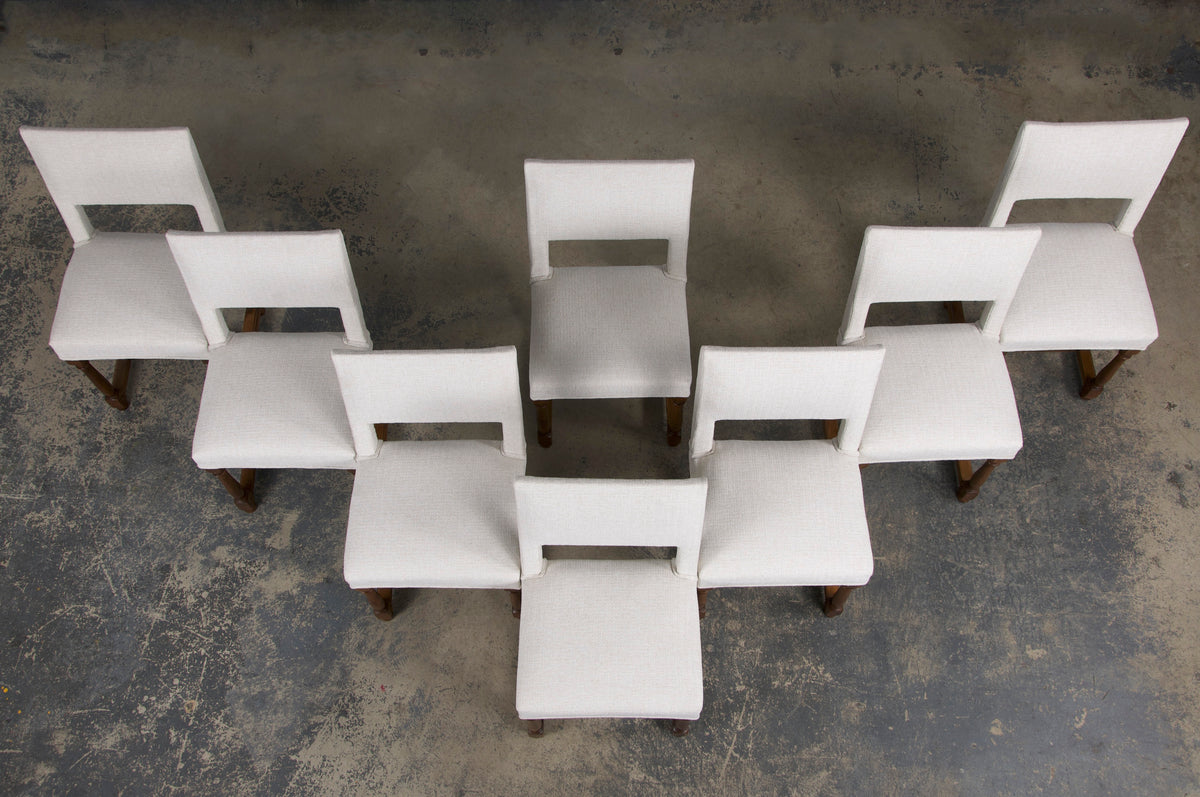 ON HOLD Antique French Louis XIII Style Walnut Dining Chairs W/ Off-White Woven Fabric - Set of 8