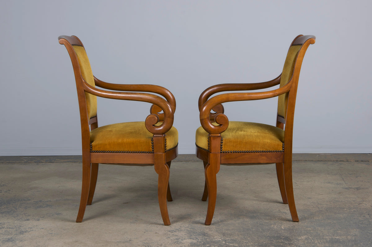 Antique French Louis Philippe Style Walnut Armchairs W/ Golden Yellow Velvet - A Pair