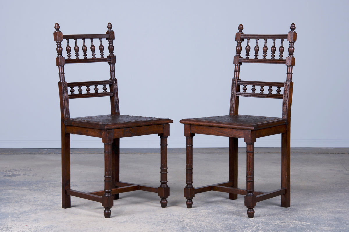 Antique French Henry II Style Oak Dining Chairs W/ Tooled Brown Vinyl - Set of 6