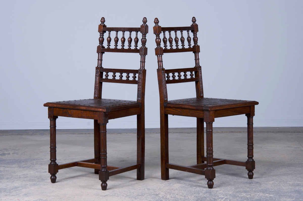Antique French Henry II Style Oak Dining Chairs W/ Tooled Brown Vinyl - Set of 6