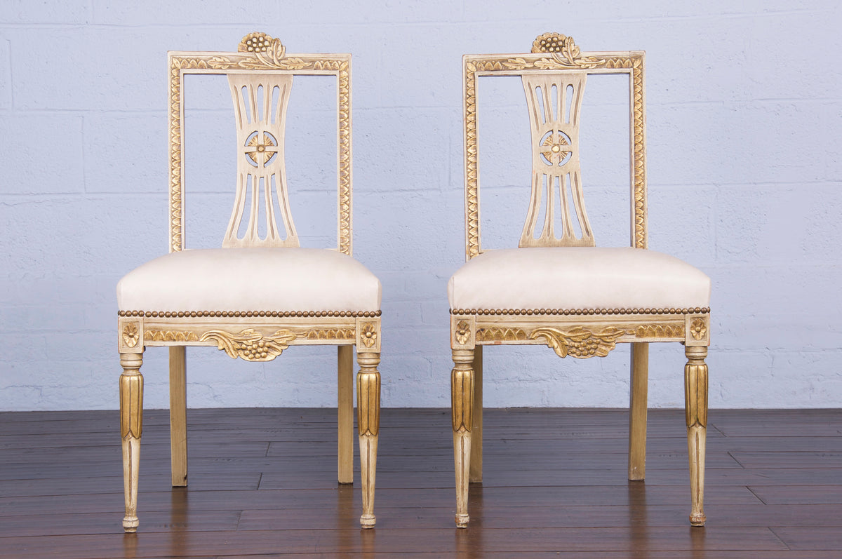 Antique Swedish Gustavian Style Lindome Painted Dining Chairs/ W Beige Leather - Set of 6