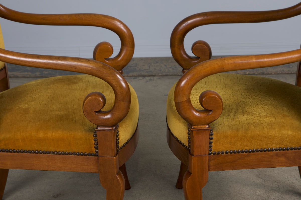 Antique French Louis Philippe Style Walnut Armchairs W/ Golden Yellow Velvet - A Pair