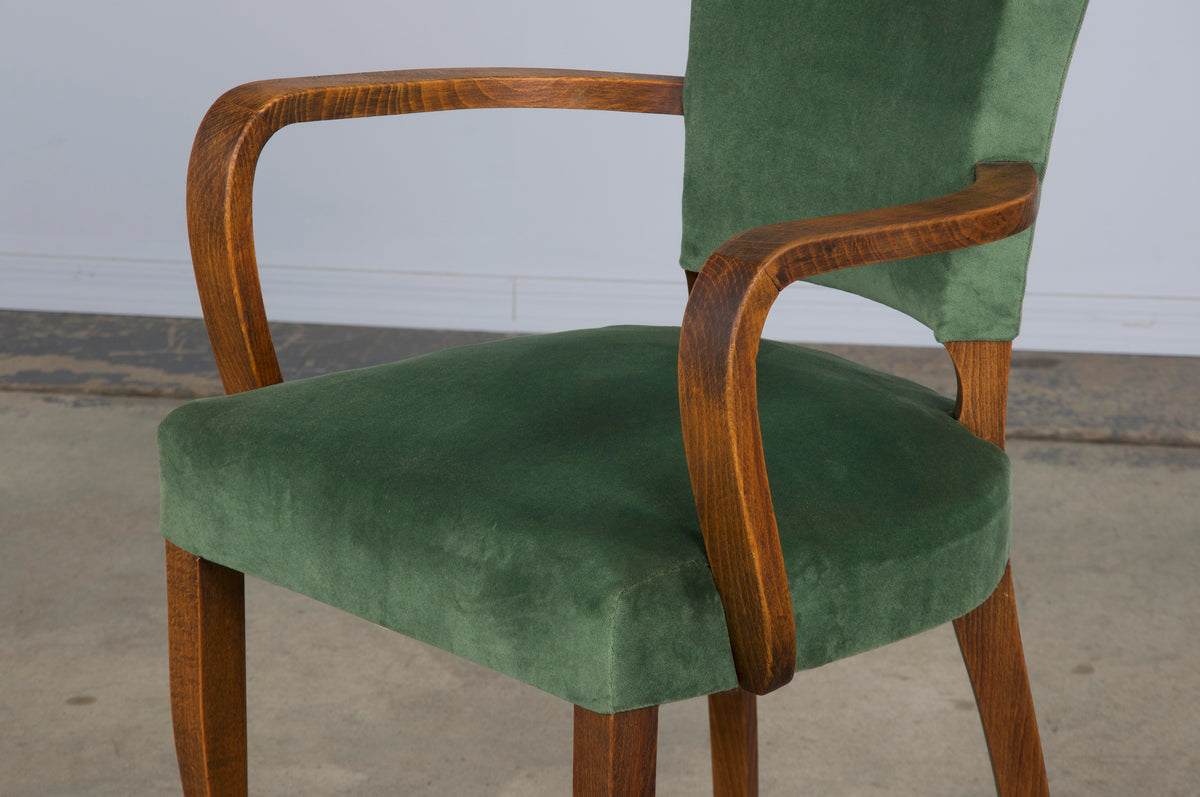 1930s French Art Deco Oak Dining Chairs W/ Green Velvet - Set of 8