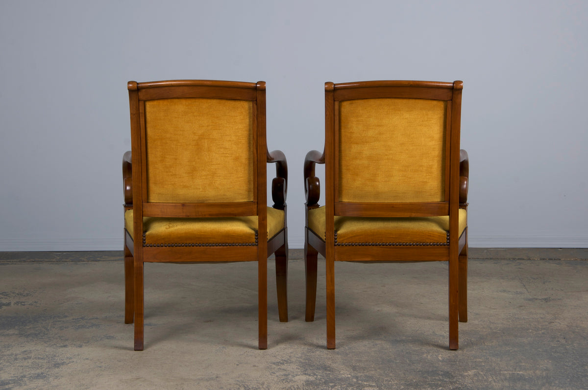 Antique French Louis Philippe Style Walnut Armchairs W/ Golden Yellow Velvet - A Pair