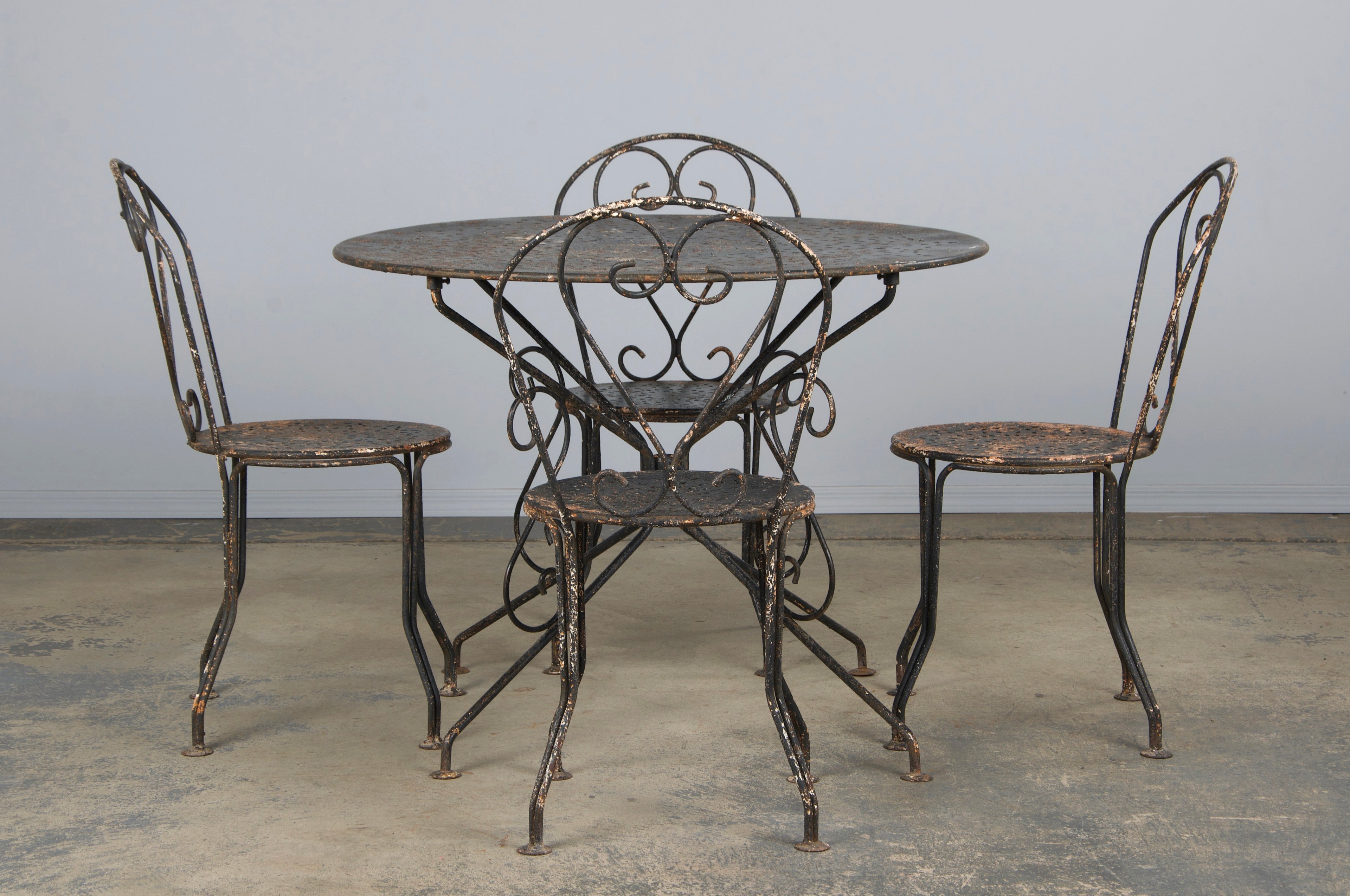 Antique French Art Nouveau Black Wrought Iron Painted Garden Set