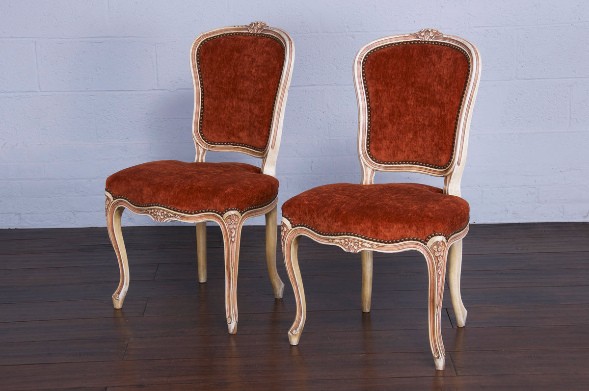 Antique French Louis XV Style Painted Dining Chairs W/ Burnt Orange Fabric - Set of 6