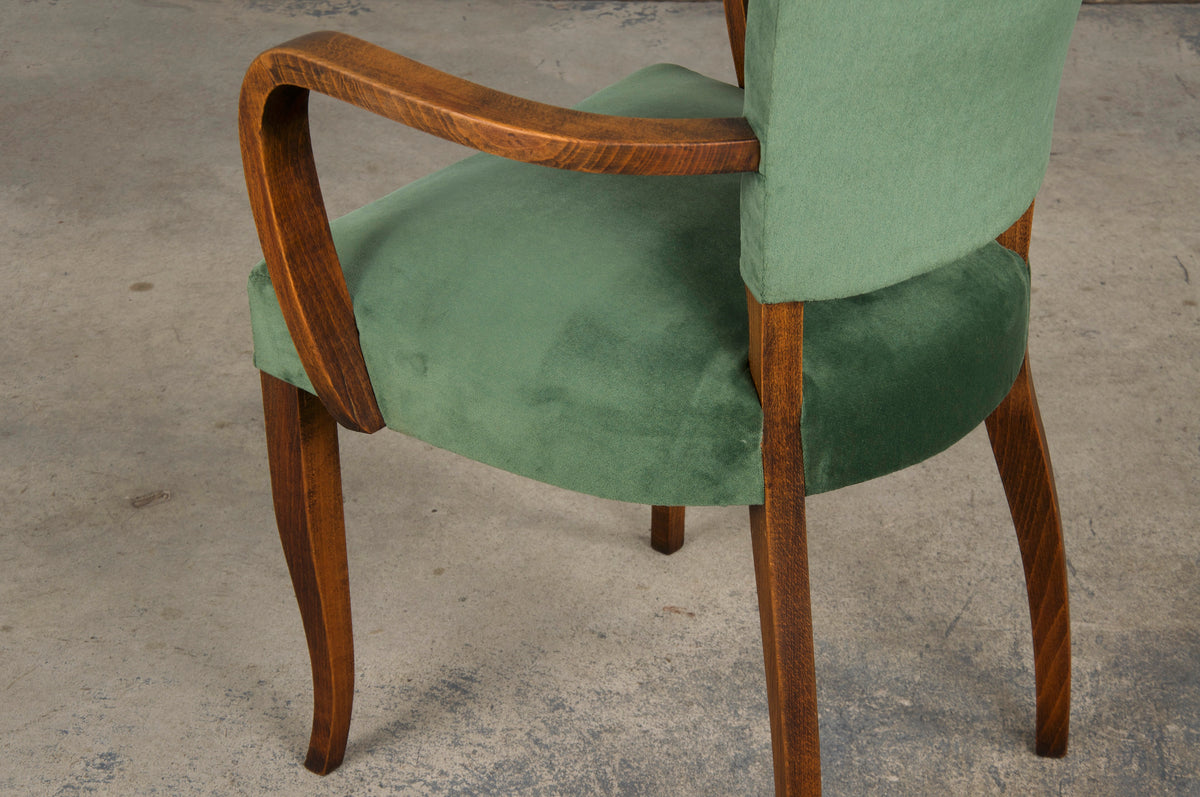 1930s French Art Deco Oak Dining Chairs W/ Green Velvet - Set of 8