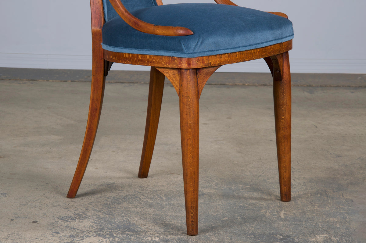 1920s Bentwood Gondola Dining Chairs W/ Blue Velvet by Thonet - Set of 6- Labeled