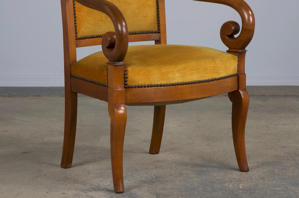 Antique French Louis Philippe Style Walnut Armchairs W/ Golden Yellow Velvet - A Pair