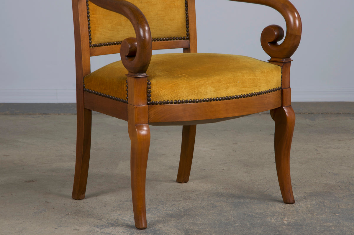 Antique French Louis Philippe Style Walnut Armchairs W/ Golden Yellow Velvet - A Pair