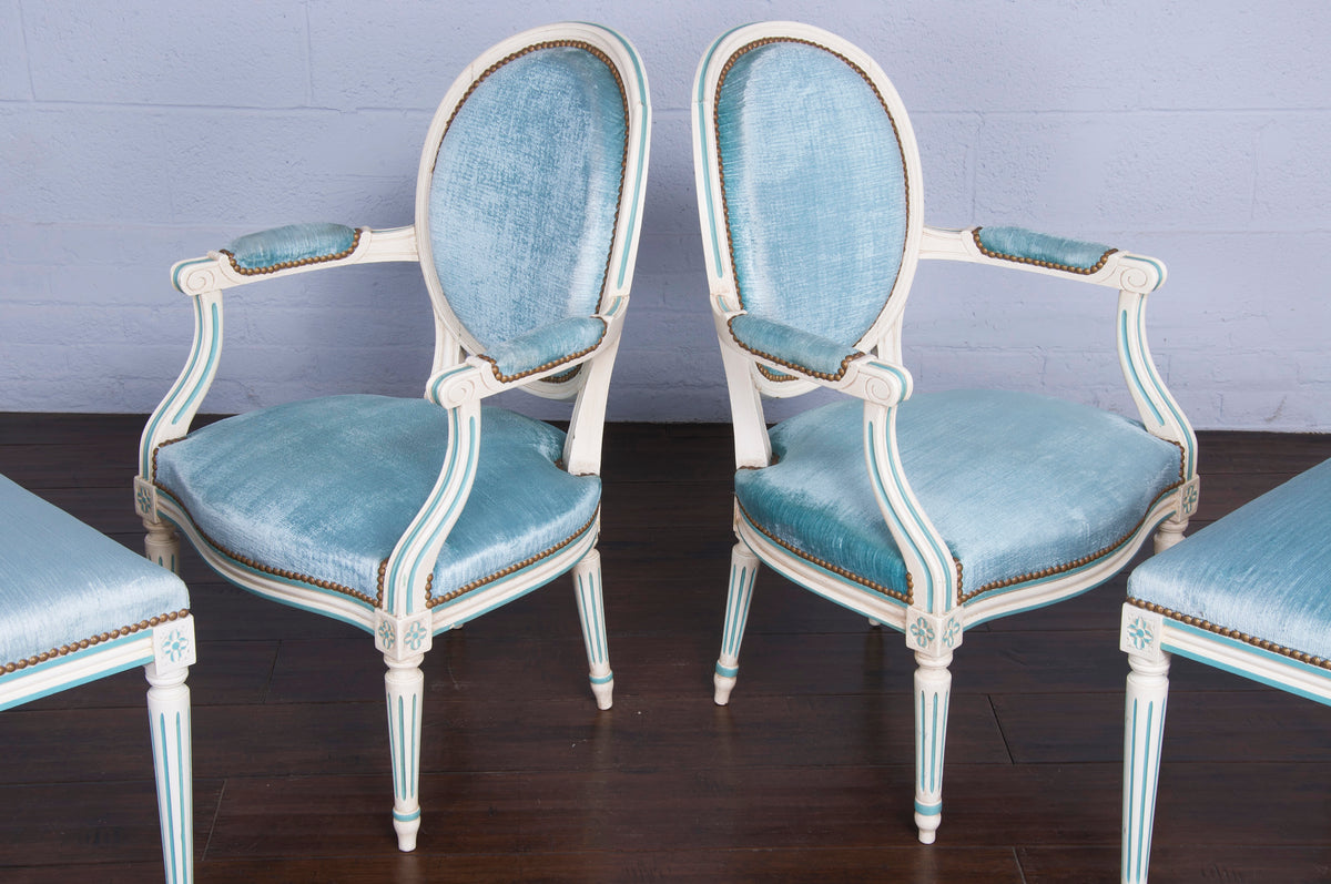Antique French Louis XVI Style Painted Armchairs and Tabourets W/ Blue Velvet - A Pair