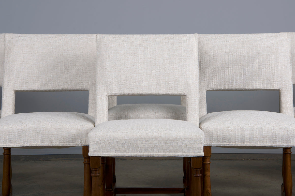 ON HOLD Antique French Louis XIII Style Walnut Dining Chairs W/ Off-White Woven Fabric - Set of 8