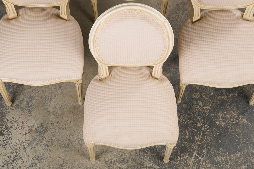 Antique French Louis XVI Style Painted Dining Chairs W/ Cream Fabric - Set of 6