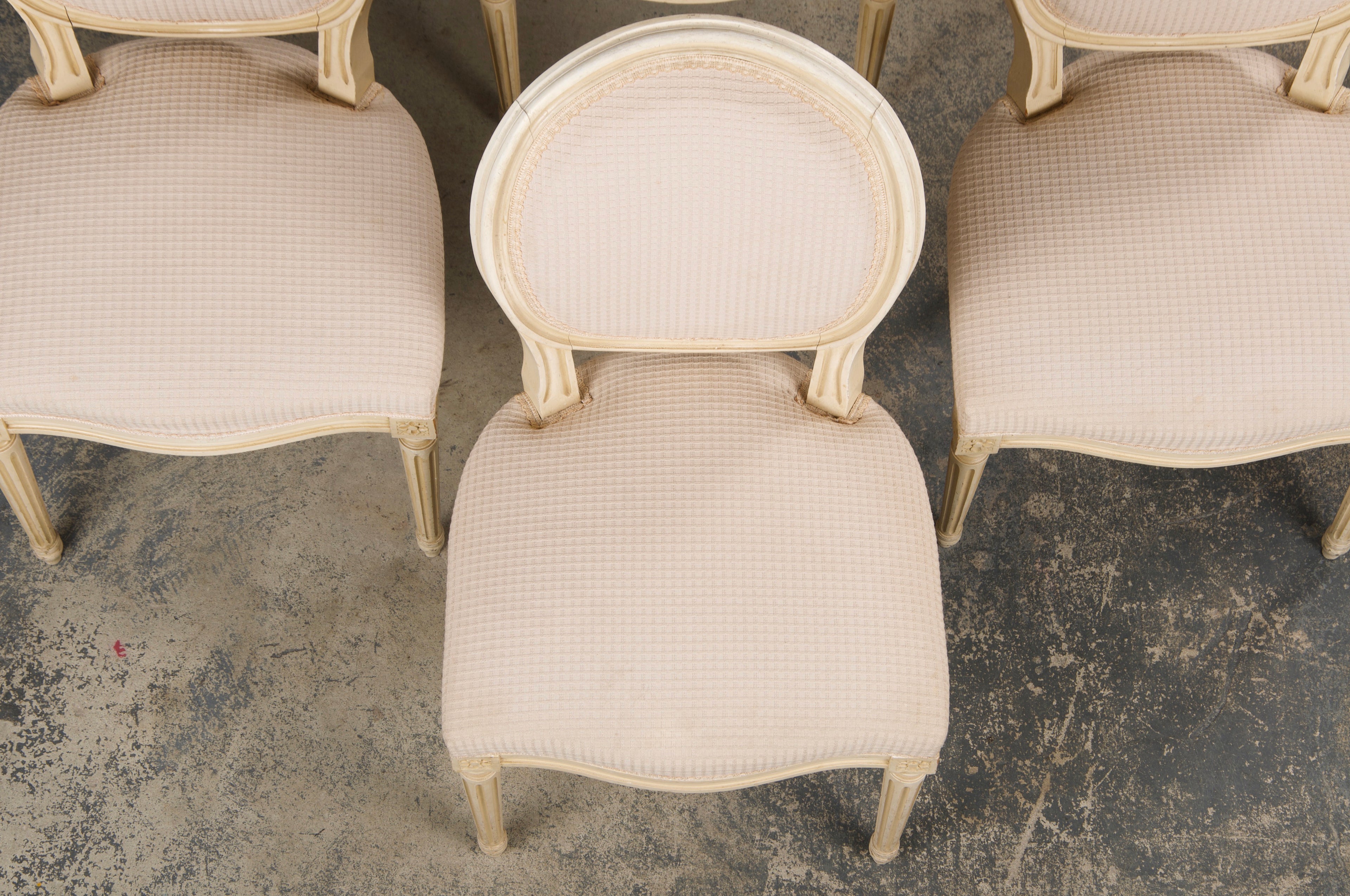 Antique French Louis XVI Style Painted Dining Chairs W/ Cream Fabric - Set of 6