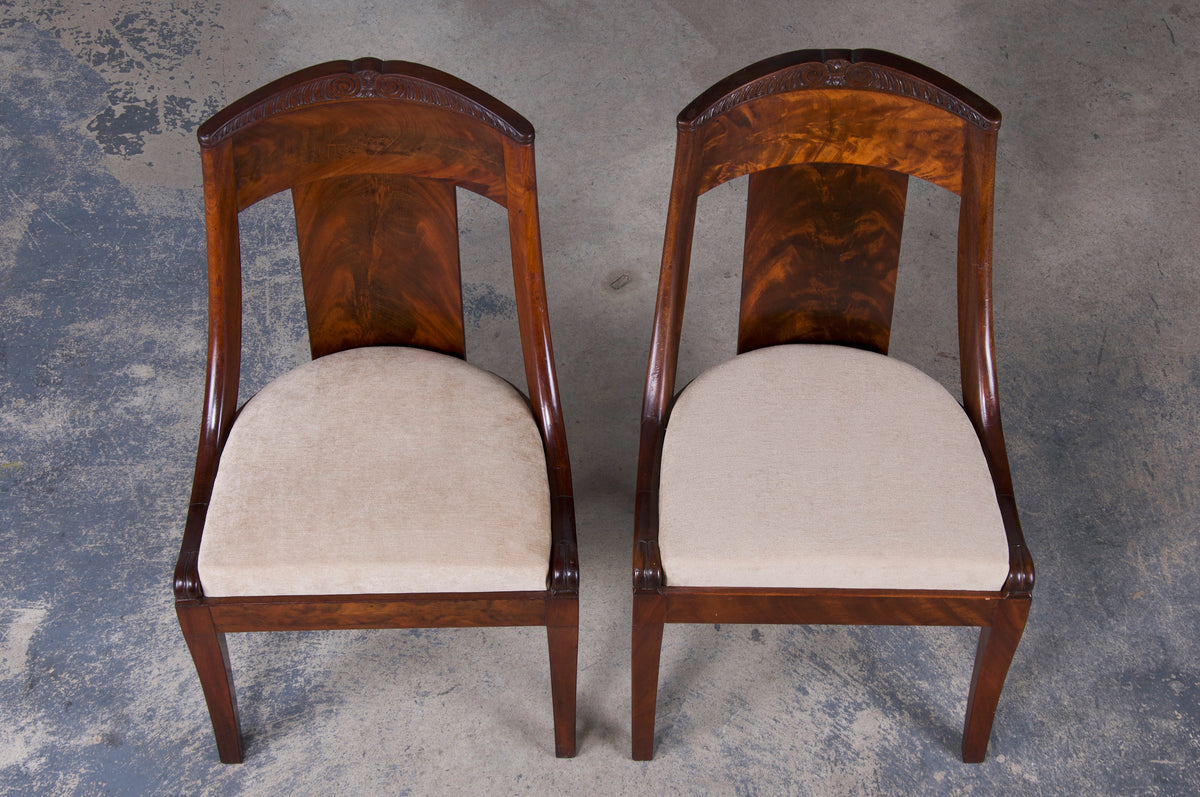 Antique French Empire Gondola Style Walnut Dining Chairs W/ Beige Chenille- Set of 6