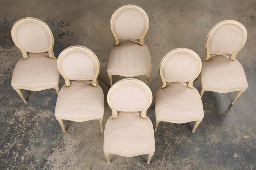 Antique French Louis XVI Style Painted Dining Chairs W/ Cream Fabric - Set of 6