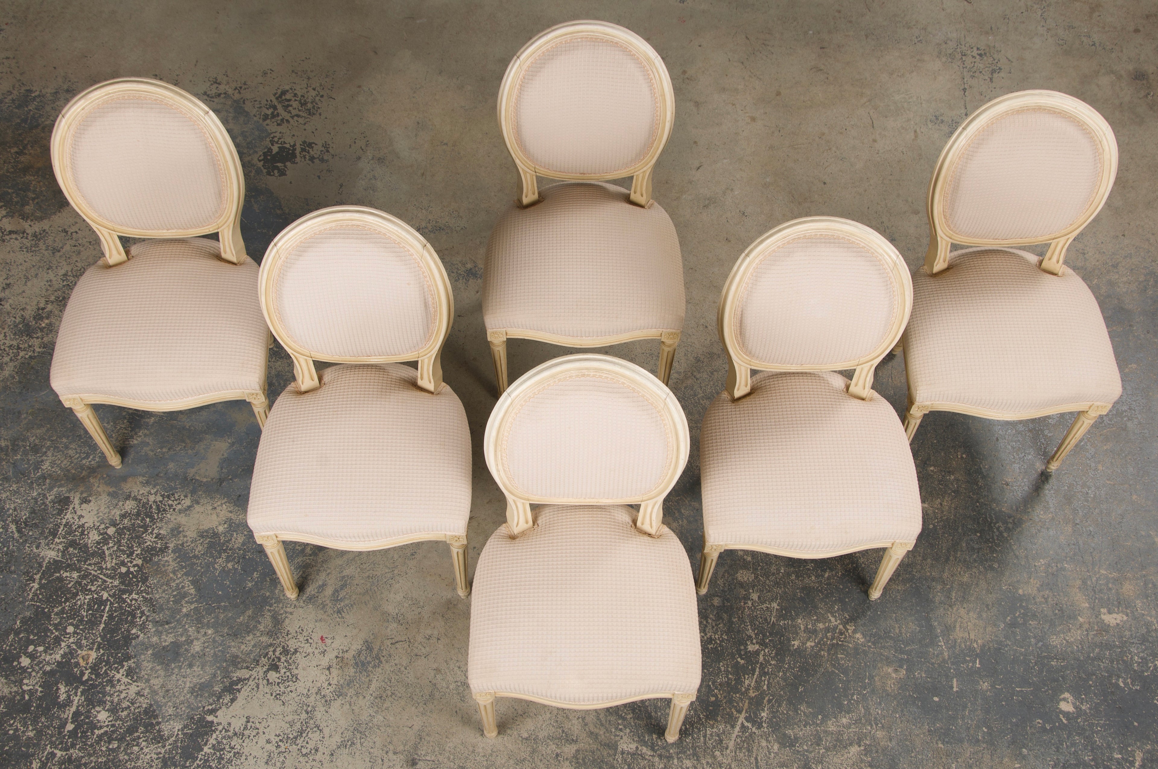 Antique French Louis XVI Style Painted Dining Chairs W/ Cream Fabric - Set of 6