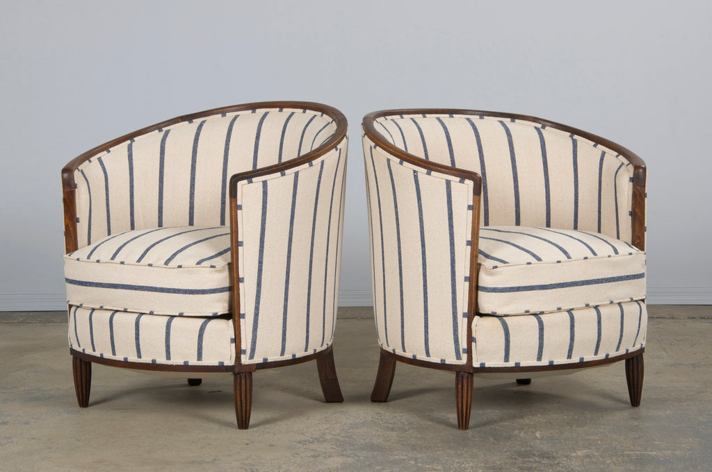1930s French Art Deco Maple Tub Chairs in Striped Fabric - A Pair