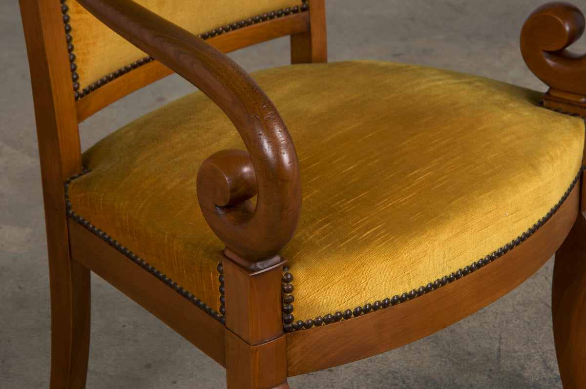 Antique French Louis Philippe Style Walnut Armchairs W/ Golden Yellow Velvet - A Pair