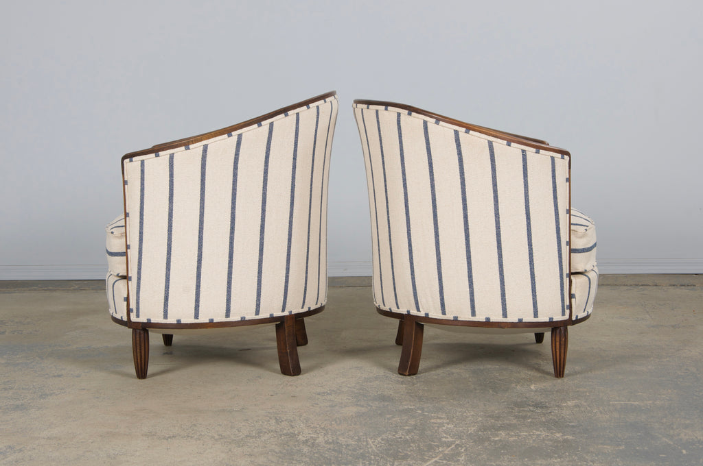 1930s French Art Deco Maple Tub Chairs in Striped Fabric - A Pair