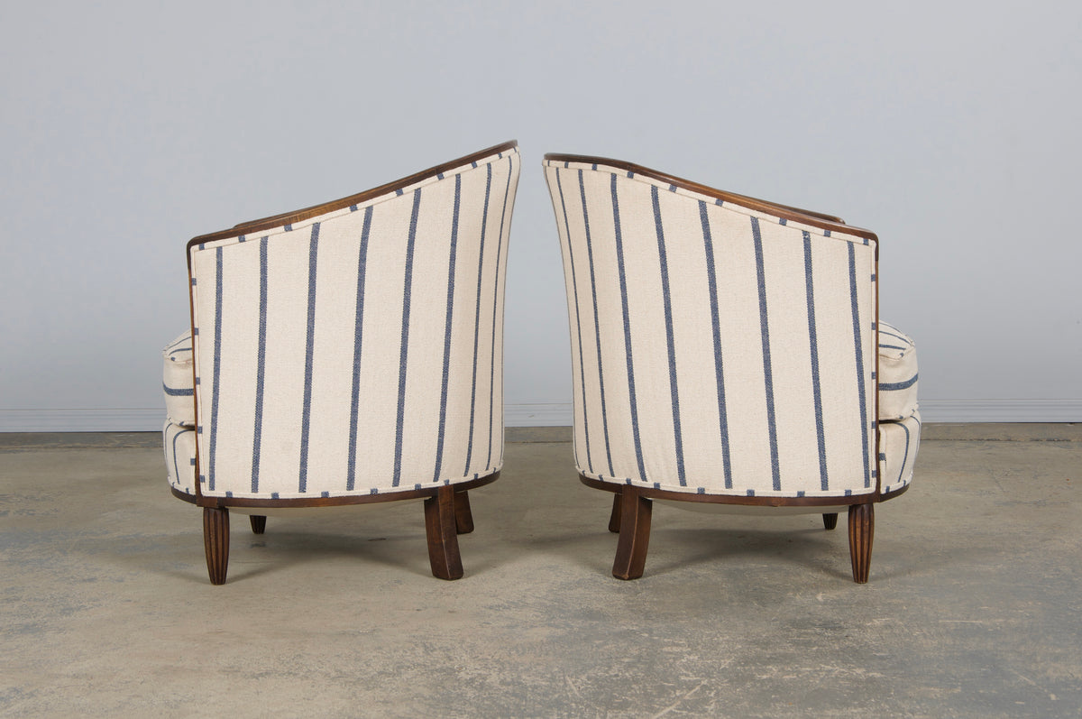 1930s French Art Deco Maple Tub Chairs in Striped Fabric - A Pair