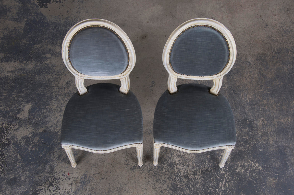 Antique French Louis XVI Style Painted Side Chairs W/ Blue Velvet - A Pair