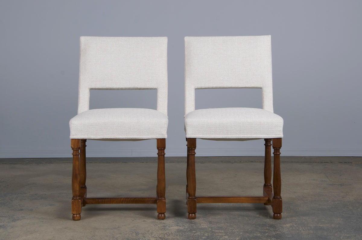 Antique French Louis XIII Style Walnut Dining Chairs W/ Off-White Woven Fabric - Set of 8