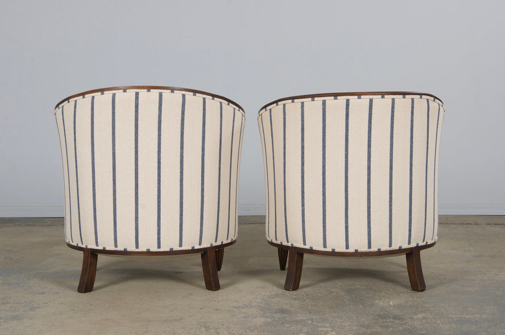 1930s French Art Deco Maple Tub Chairs in Striped Fabric - A Pair