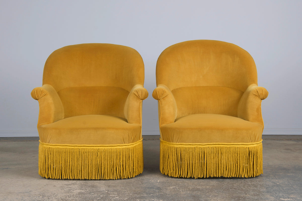 19th Century French Napoleon III Style Armchairs W/ Golden Yellow Velvet - A Pair