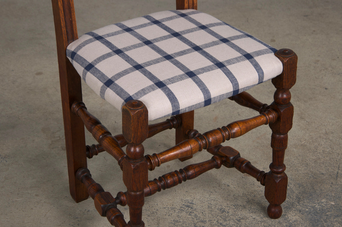 Antique French Louis XIII Style Oak Dining Chairs W/ Plaid Fabric - Set of 6