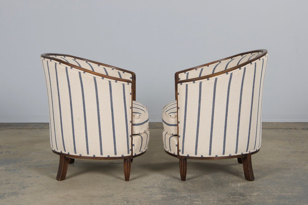 1930s French Art Deco Maple Tub Chairs in Striped Fabric - A Pair