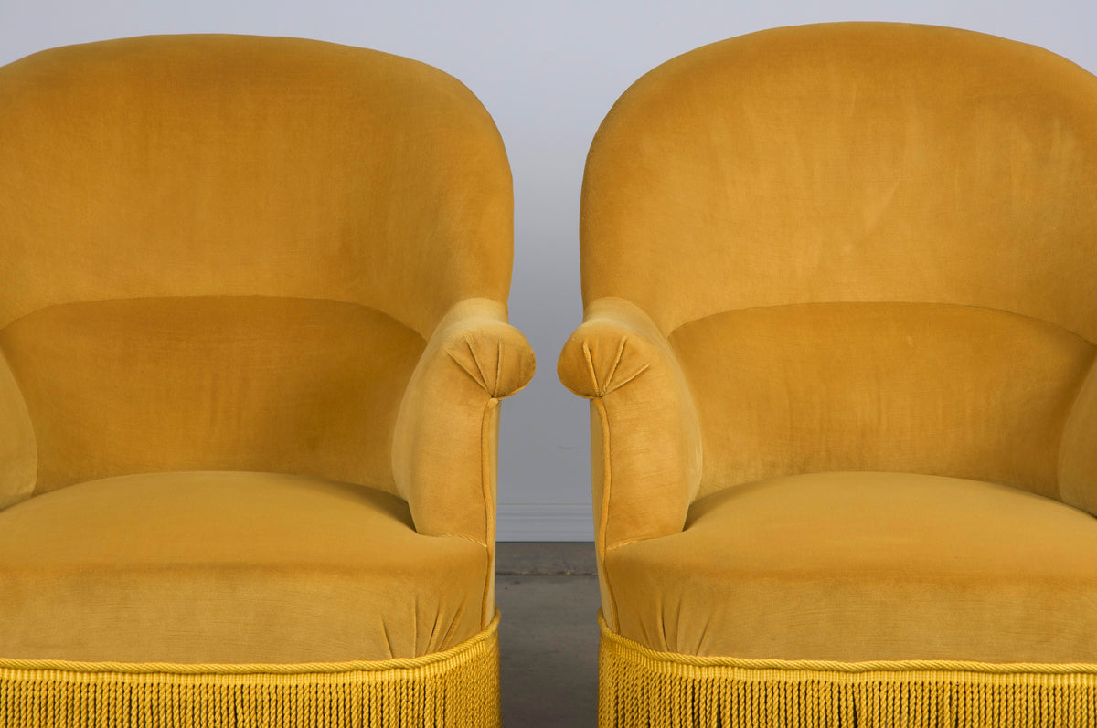 19th Century French Napoleon III Style Armchairs W/ Golden Yellow Velvet - A Pair