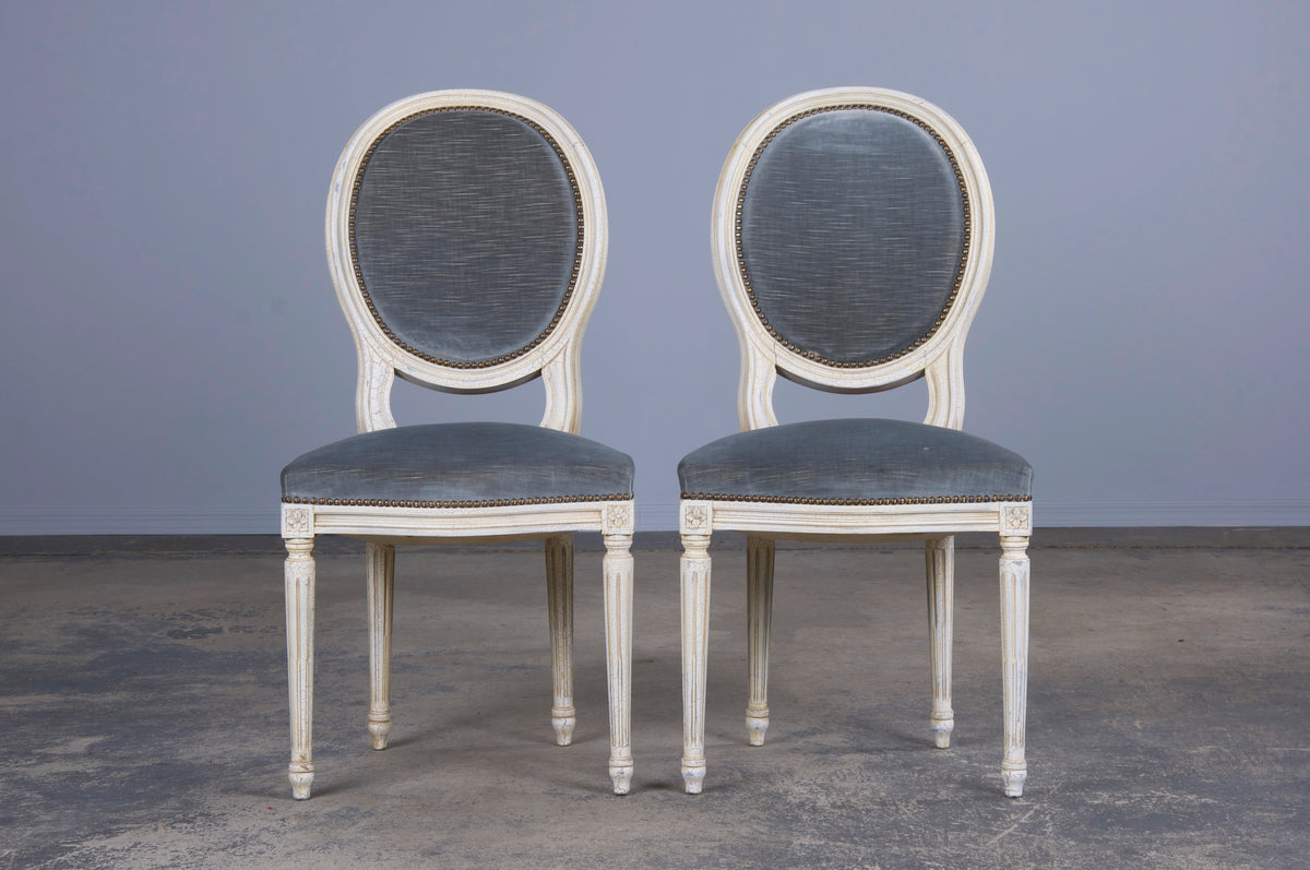 Antique French Louis XVI Style Painted Side Chairs W/ Blue Velvet - A Pair