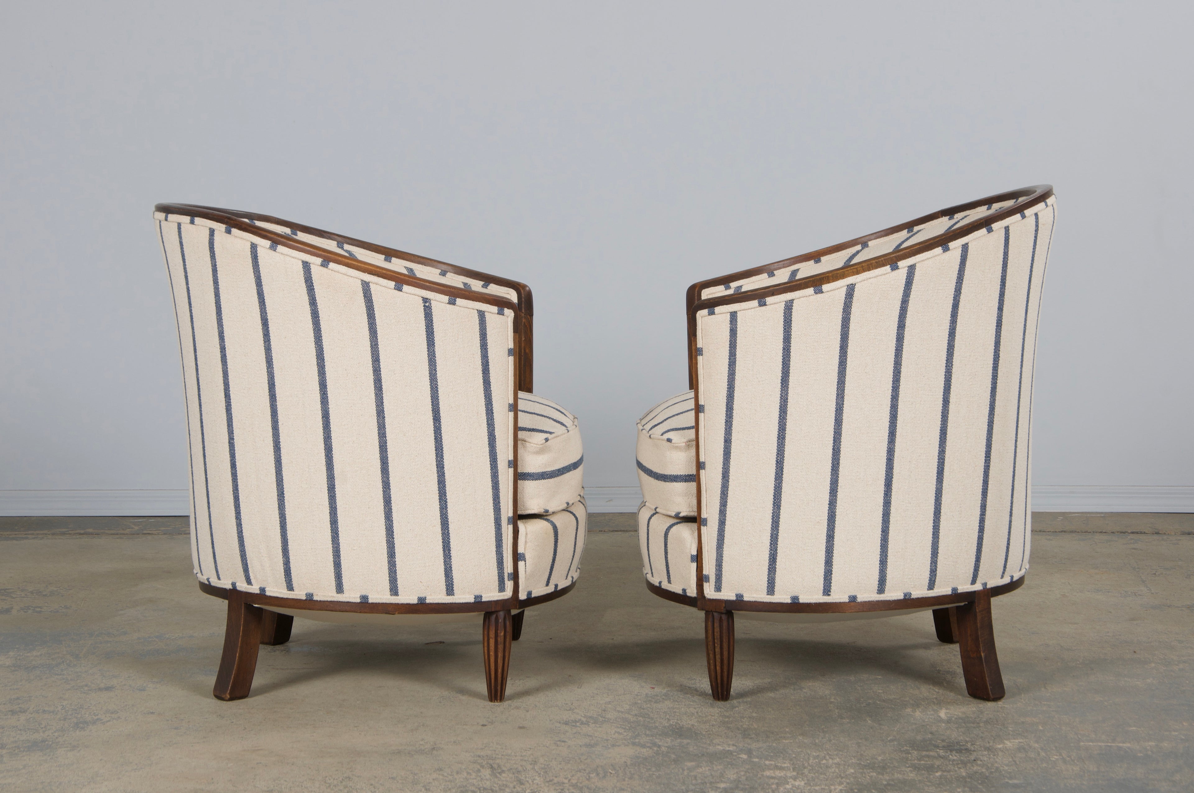 1930s French Art Deco Maple Tub Chairs in Striped Fabric - A Pair