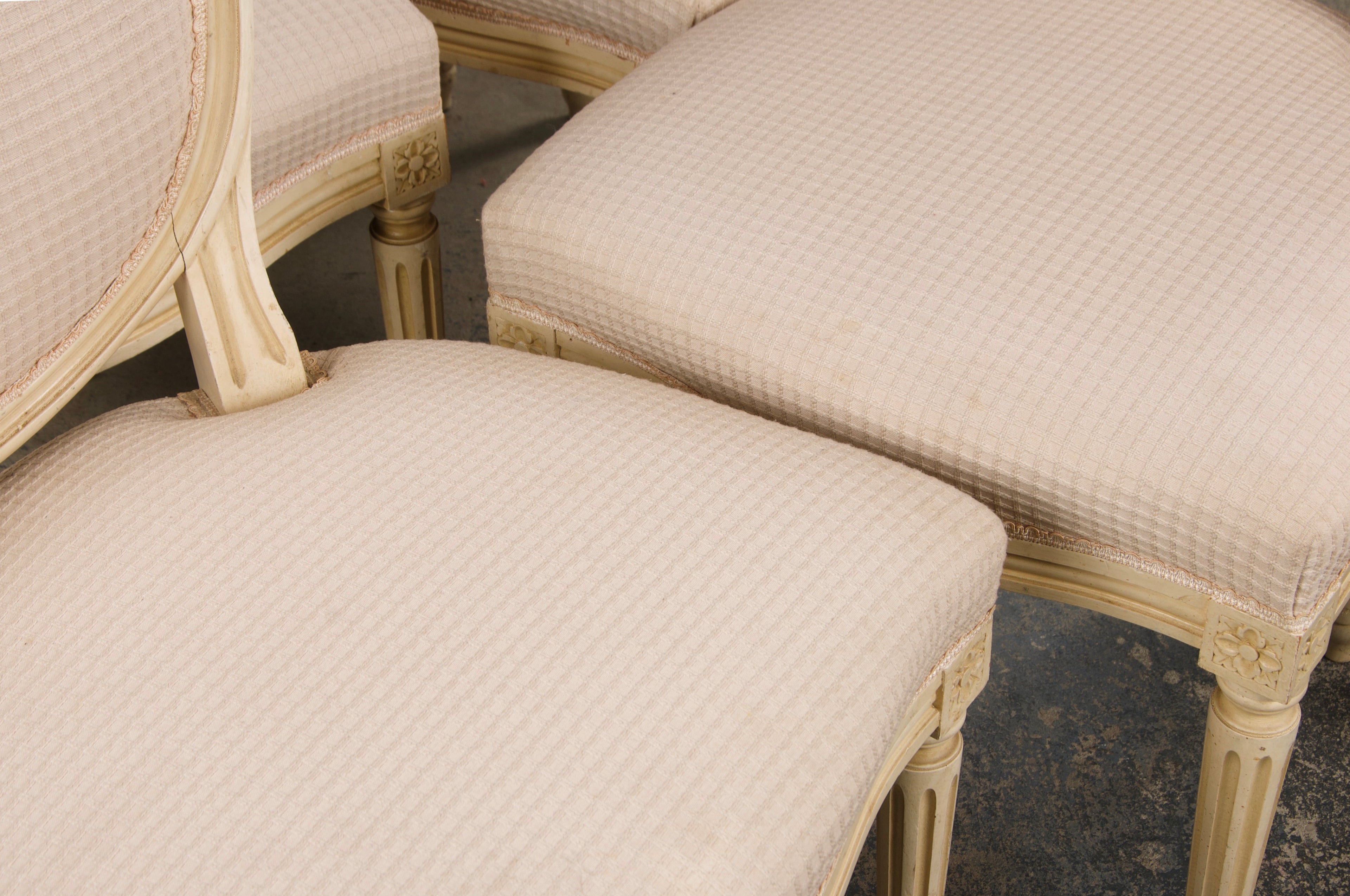 Antique French Louis XVI Style Painted Dining Chairs W/ Cream Fabric - Set of 6