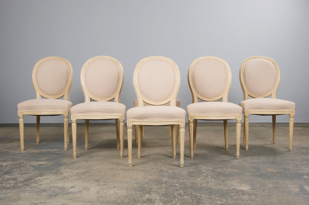 Antique French Louis XVI Style Painted Dining Chairs W/ Cream Fabric - Set of 6