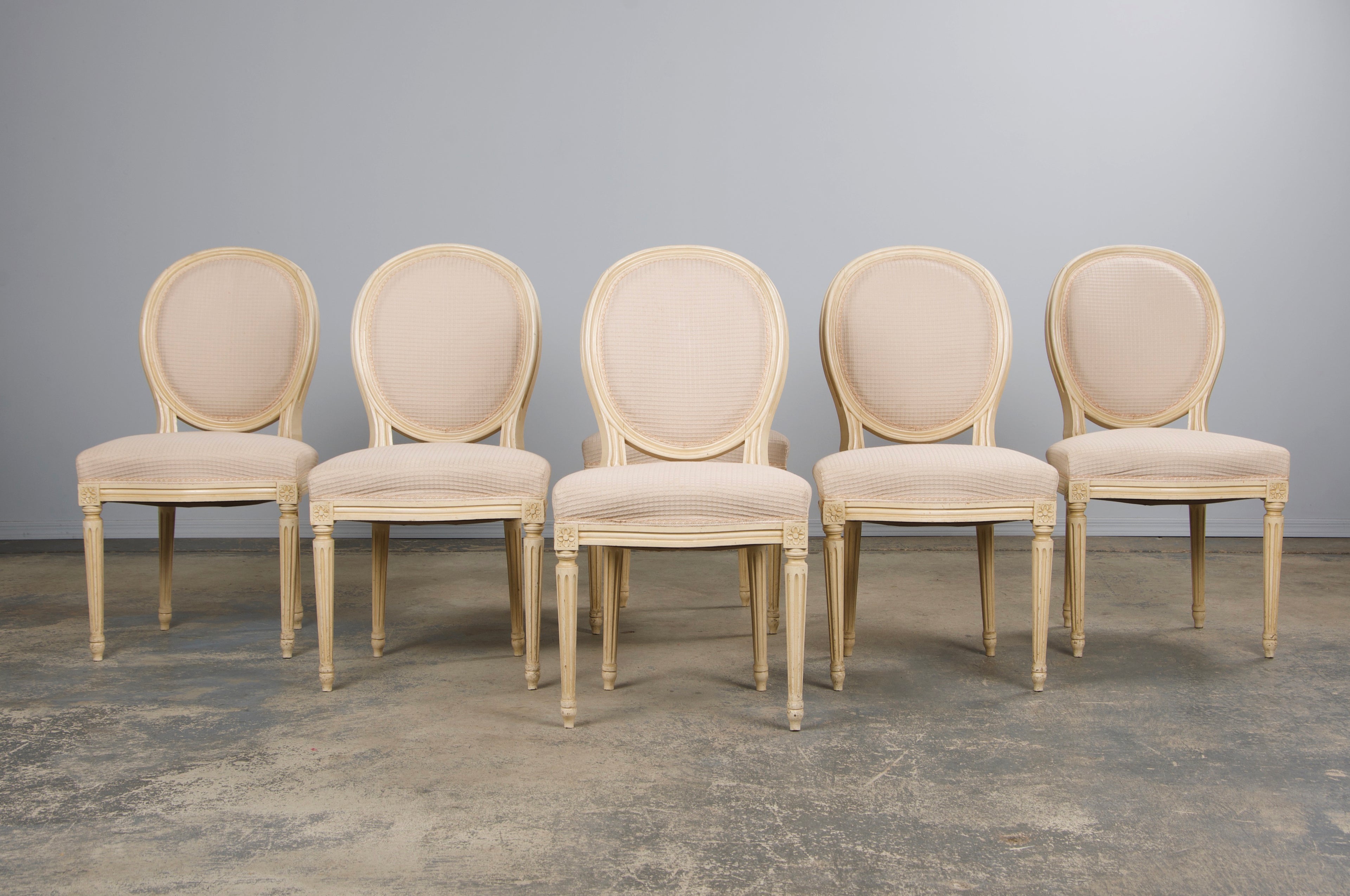 Antique French Louis XVI Style Painted Dining Chairs W/ Cream Fabric - Set of 6