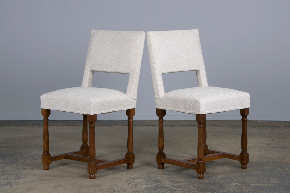 Antique French Louis XIII Style Walnut Dining Chairs W/ Off-White Woven Fabric - Set of 8