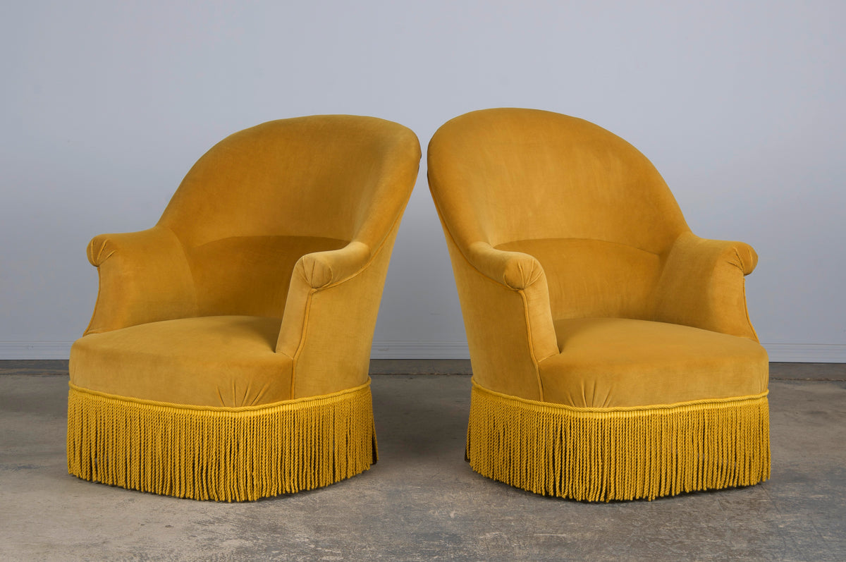 19th Century French Napoleon III Style Armchairs W/ Golden Yellow Velvet - A Pair