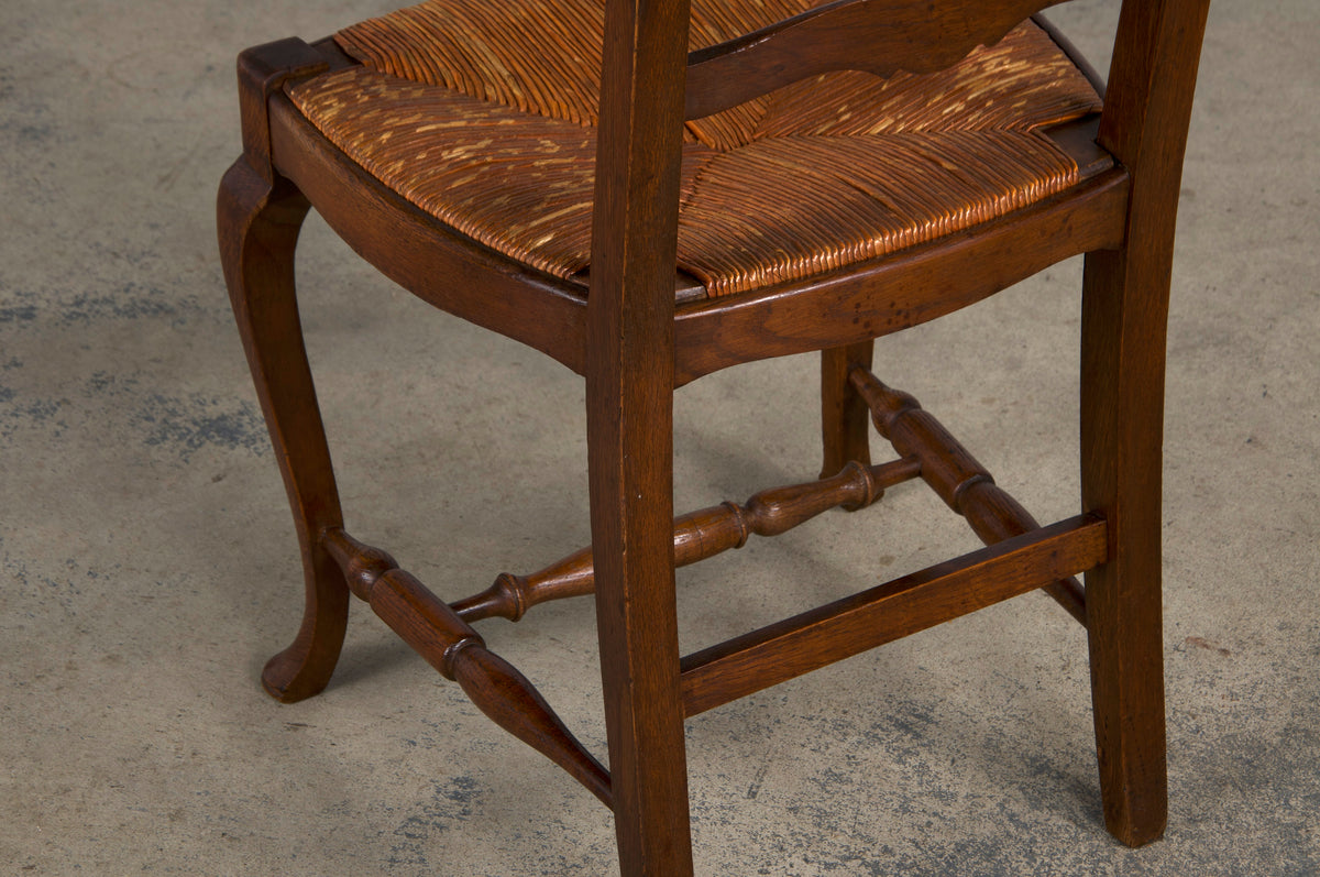 Antique Country French Provincial Ladder Back Oak Dining Chairs W/ Rush Seats - Set of 6