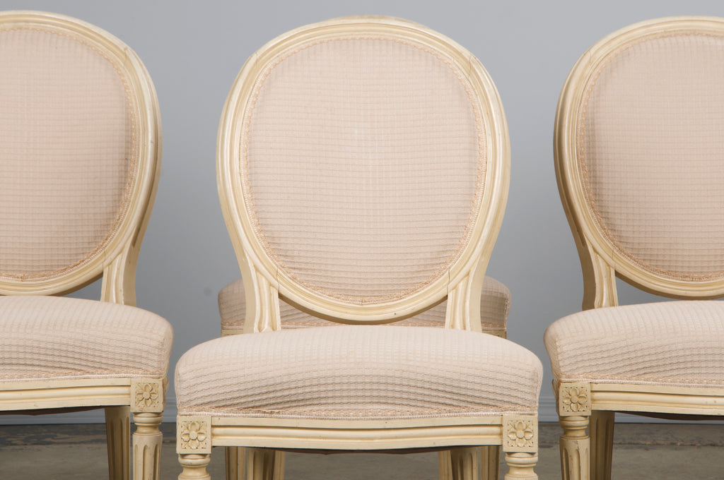 Antique French Louis XVI Style Painted Dining Chairs W/ Cream Fabric - Set of 6