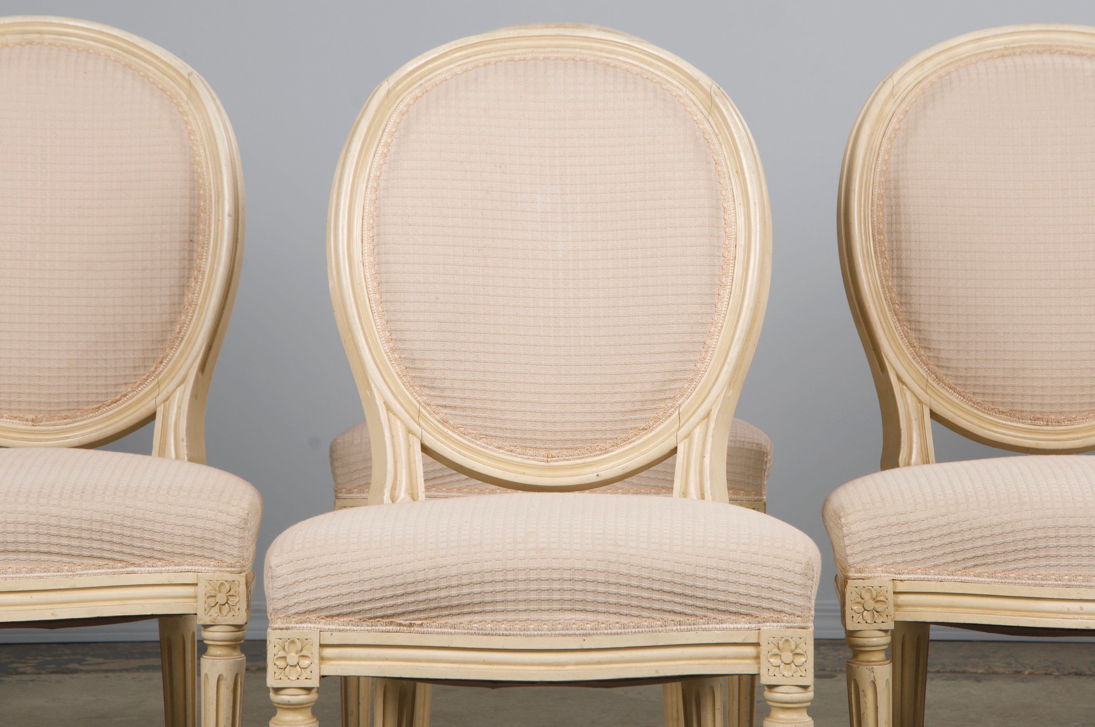 Antique French Louis XVI Style Painted Dining Chairs W/ Cream Fabric - Set of 6